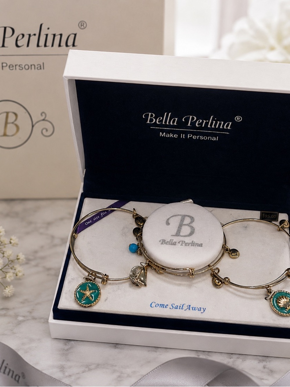 NIB Bella Perlina “Come Sail Away” 3-Pc Expandable Bangle Charm Bracelet Set